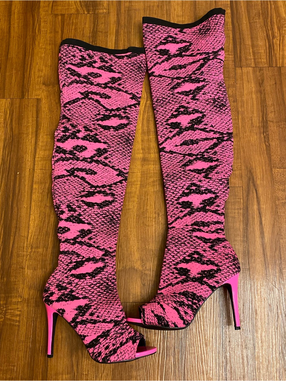 Wild Diva Pink and Black Over-the-Knee Peep-Toe Stiletto Boots